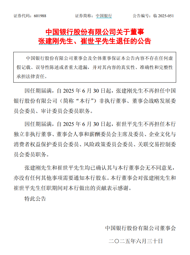 中国银行：董事张建刚、崔世平退任