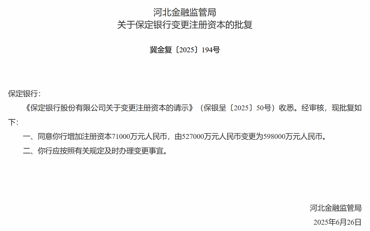 保定银行获批增加注册资本7.1亿元